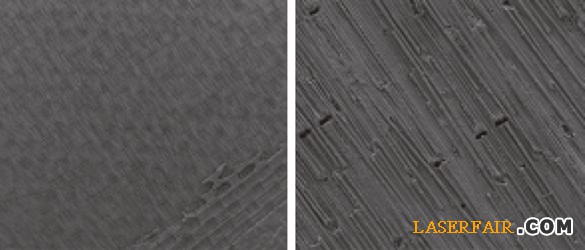 圖5、激光微加工復(fù)合材料表面，速度為250毫米/秒，輔助氣體為二氧化碳（左圖為放大50倍，右圖為放大500倍）。