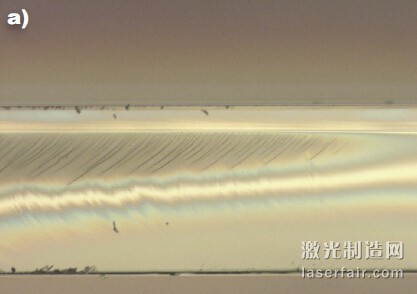 微分干涉相差顯微鏡下的0.77mm厚康寧 CT24玻璃的橫截面。使用CO2碳激光器 （約10&mu;m）（a）切割的部件顯示了剩余應 力，而使用CO激光器（約5&mu;m）（b）切割 的部件則無缺陷。