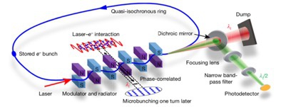 SSMB原理驗(yàn)證實(shí)驗(yàn)示意圖，儲(chǔ)存環(huán)周長(zhǎng)為48米。（圖片來(lái)源：《自然》）