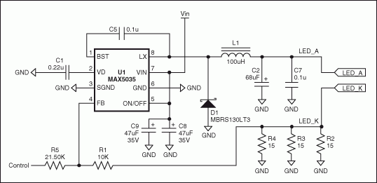 基于固定頻率、高集成度PWM開關(guān)轉(zhuǎn)換器MAX5035的高亮度LED電源原理圖