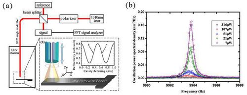圖（a）實驗原理圖；（b）激光冷卻懸臂梁的振動噪聲譜。