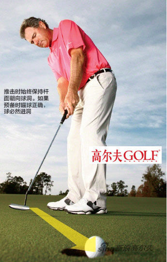 推擊時(shí)始終保持桿 面朝向球洞。如果 預(yù)備時(shí)瞄球正確， 球必然進(jìn)洞